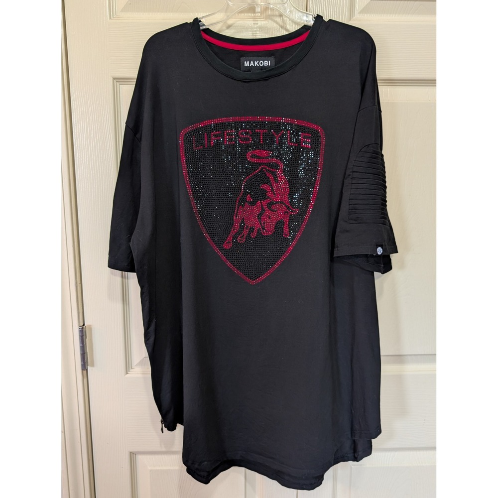 Makobi Streetwear Rhinestone Embellished Bull Shield Tee Black Red 3XB Y2K Moto
